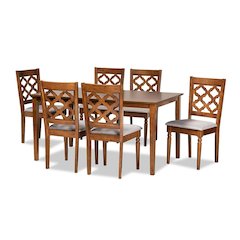 Grey Fabric Upholstered and Walnut Brown Finished Wood 7-Piece Dining Set