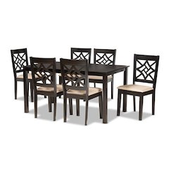 Sand Fabric Upholstered and Dark Brown Finished Wood 7-Piece Dining Set