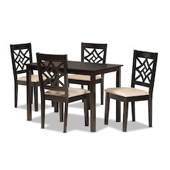 Sand Fabric Upholstered and Dark Brown Finished Wood 5-Piece Dining Set