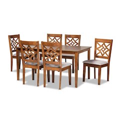 Grey Fabric Upholstered and Walnut Brown Finished Wood 7-Piece Dining Set