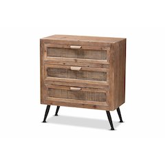 Whitewashed Natural Brown Finished Wood and Rattan 3-Drawer Storage Cabinet
