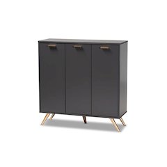 Dark Grey and Gold Finished Wood 3-Door Shoe Cabinet