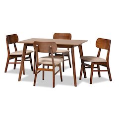 Sand Fabric Upholstered and Walnut Brown Finished Wood 5-Piece Dining Set
