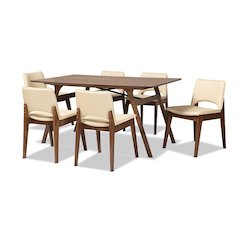 Leather Upholstered and Walnut Brown Finished Wood 7-Piece Dining Set