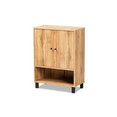 Oak Brown Finished Wood 2-Door Entryway Shoe Storage Cabinet with Bottom Shelf