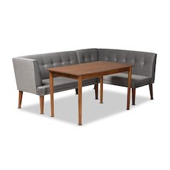 Grey Velvet Upholstered and Walnut Brown Finished Wood 3-Piece Dining Nook Set