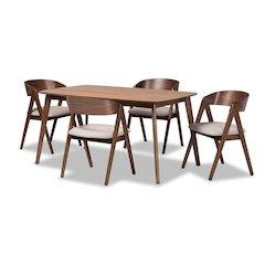 Beige Fabric Upholstered and Walnut Brown Finished Wood 5-Piece Dining Set