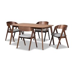 Grey Fabric Upholstered and Walnut Brown Finished Wood 5-Piece Dining Set