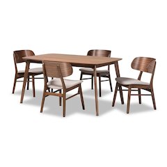 Beige Fabric Upholstered and Walnut Brown Finished Wood 5-Piece Dining Set