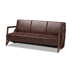 Leather Effect Fabric Upholstered and Walnut Brown Finished Wood Sofa