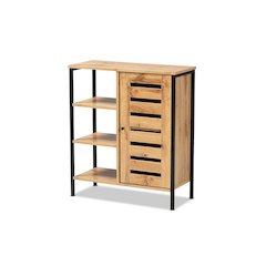 Oak Brown Finished Wood and Black Finished Metal 1-Door Shoe Storage Cabinet