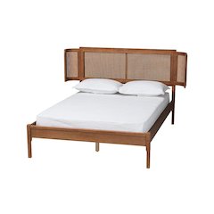 Walnut Brown Finished Wood and Natural Rattan Full Size Platform Bed