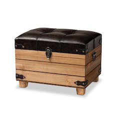Leather Upholstered and Oak Brown Finished Wood Storage Ottoman
