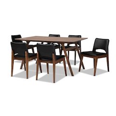 Leather Upholstered and Walnut Brown Finished Wood 7-Piece Dining Set