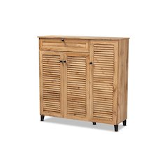 Oak Brown Finished Wood 3-Door Shoe Storage Cabinet with Drawer