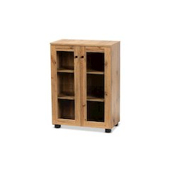 Oak Brown Finished Wood 2-Door Storage Cabinet with Glass Doors