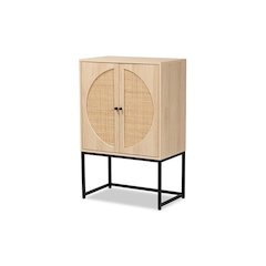 Black Metal 2-Door Storage Cabinet with Natural Rattan