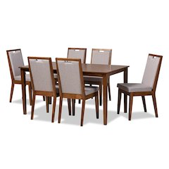 Grey Fabric Upholstered and Walnut Brown Finished Wood 7-Piece Dining Set