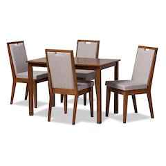 Grey Fabric Upholstered and Walnut Brown Finished Wood 5-Piece Dining Set