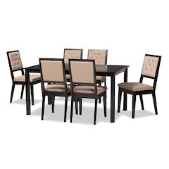 Sand Fabric Upholstered and Dark Brown Finished Wood 7-Piece Dining Set