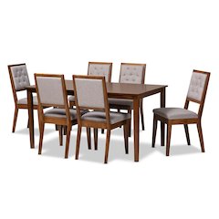 Grey Fabric Upholstered and Walnut Brown Finished Wood 7-Piece Dining Set