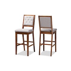 Grey Fabric Upholstered and Walnut Brown Finished Wood 2-Piece Bar Stool Set