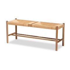Saura Mid-Century Modern Oak Brown Finished Wood and Hemp Dining Bench