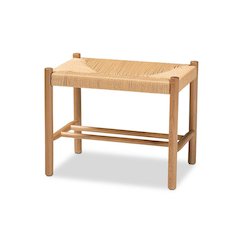 Saura Mid-Century Modern Oak Brown Finished Wood and Hemp Accent Bench