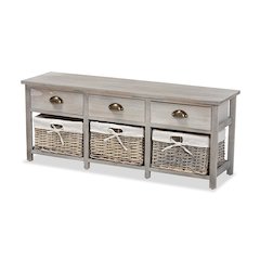 Light Grey Finished Wood 3-Drawer Storage Bench with Baskets