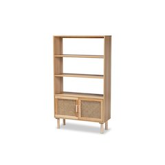 Natural Brown Finished Wood and Rattan 2-Door Bookcase