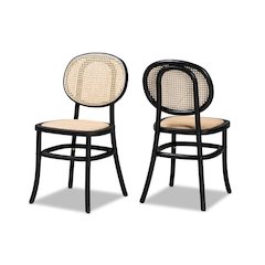Brown Woven Rattan and Black Wood 2-Piece Cane Dining Chair Set