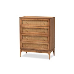 Ramiel Mid-Century Modern Ash Walnut Finished Wood and Rattan 4-Drawer Chest