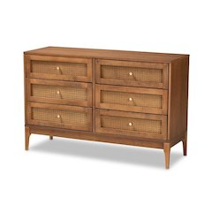 Ramiel Mid-Century Modern Ash Walnut Finished Wood and Rattan 6-Drawer Dresser