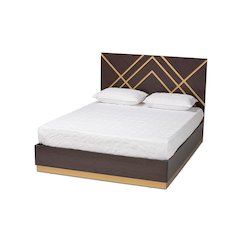 Glam and Luxe Two-Tone Dark Brown and Gold Finished Wood Queen Size Platform Bed