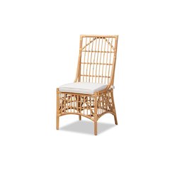 Bohemian White Fabric Upholstered and Natural Brown Rattan Dining Chair