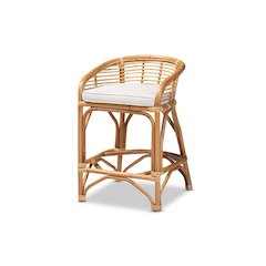 Bohemian White Fabric Upholstered and Natural Brown Rattan Counter Stool