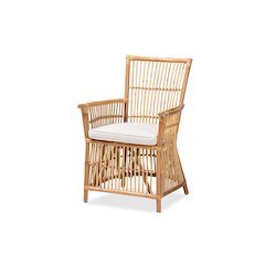 Bohemian White Fabric Upholstered and Natural Brown Rattan Armchair