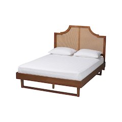 Francine Mid-Century Modern Ash Walnut Woven Rattan Queen Size Bed