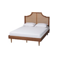 Macaria Mid-Century Modern Ash Walnut Woven Rattan Queen Size Bed