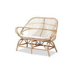 Bohemian White Fabric Upholstered and Natural Brown Finished Rattan Loveseat