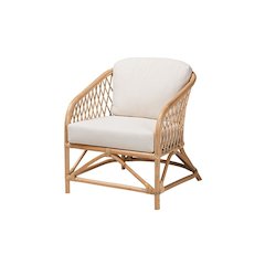 bali & pari Patsy Modern Bohemian White Fabric and Natural Brown Rattan Armchair