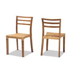 Walnut Brown Mahogany Wood and Natural Rattan 2-Piece Dining Chair Set