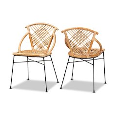 Bohemian Natural Brown Rattan and Black Metal 2-Piece Dining Chair Set