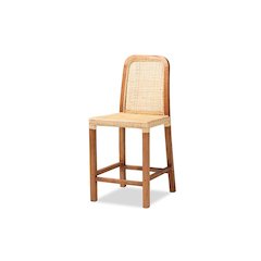 Walnut Brown Mahogany Wood and Natural Rattan Counter Stool