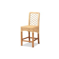 Bohemian Natural Brown Rattan and Walnut Brown Mahogany Wood Counter Stool