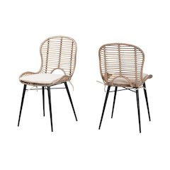 Bohemian Greywashed Rattan and Black Metal 2-Piece Dining Chair Set