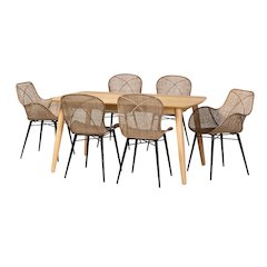 Bohemian Greywashed Rattan and Natural Brown Finished Wood 7-Piece Dining Set