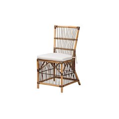 Bohemian White Fabric and Natural Brown Rattan Dining Chair