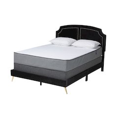 Oxley Traditional Glam and Luxe Black Velvet and Gold Metal Queen Size Panel Bed