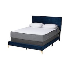 Navy Blue Velvet and Gold Metal Queen Size Panel Bed